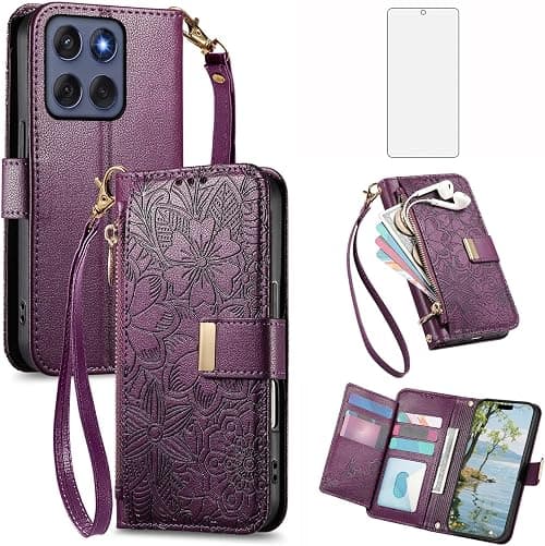 Asuwish Phone Case for Motorola Moto G67 5G Wallet Cover with Tempered Glass Screen Protector and Card Holder Slot Zipper Wrist Strap Stand Protective Cell MotoG67 G 67 G77 77 G5 Women Men Purple on Amazon.ae - Price Tracker