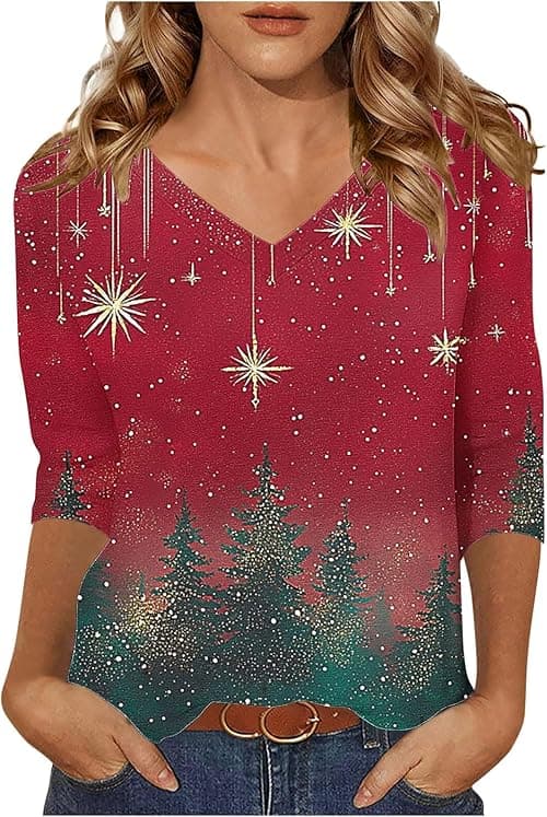 Christmas T Shirts Women Plus Size V Neck Jumpers, 3/4 Sleeve Tops Christmas Tree Jumpers, Funny Xmas Tshirt Oversized Blouses, Ugly Xmas Shirt Tunic Tops Loose Blouses Pullover on Amazon.ae - Price Tracker