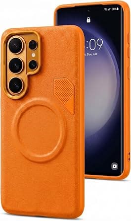 Next Store Magnetic Case for Samsung Galaxy S25 Ultra 6.9 inch, made of premium textured leather, with a sporty, shock-resistant design and a prominent camera frame. (Orange) on Amazon.ae - Price Tracker