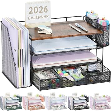 gianotter Desk Organizers and Accessories with File Holder, 4-Tier Desk Accessories & Workspace Organizers with Drawer and 2 Pen Holder, Paper Organizer for Office Supplies (Wood) على Amazon.ae - متتبع الأسعار