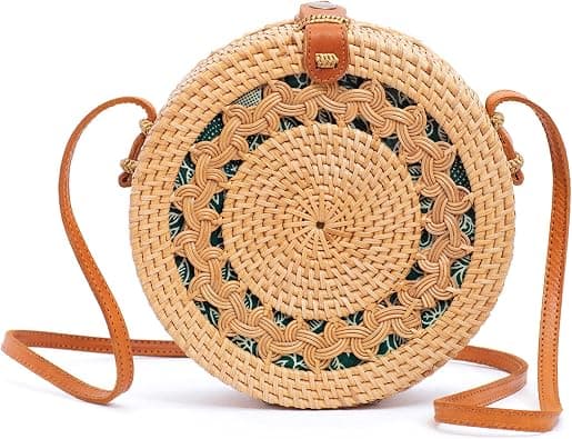Novum Crafts Round Rattan Bag for Women - Handmade Straw Bags - Wicker Purse - Brown White Circle Crossbody Boho Bags - Amazon.ae Price Tracker
