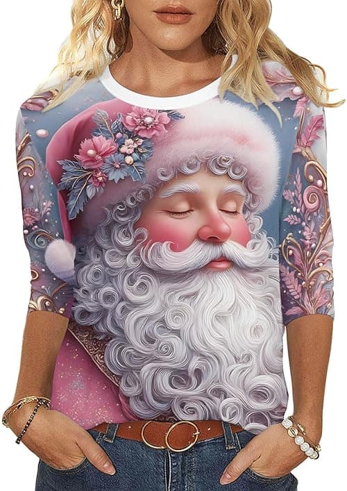 Christmas Jumper Women UK Funny Christmas Tee Shirts Ladies Round Neck 3/4 Sleeve T Shirt Xmas Tree Santa Cruz Print Blouse Pullover Novelty Xmas Tops Dressy Shirts Holiday Blouse on Amazon.ae - Price Tracker