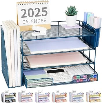 OPNICE Desk Organizer, 4-Tier Desktop File Organizer with Drawer and Pen Holders, Office Desk Accessories, File Sorters, Workspace Organizers for Office Supplies(Dark Blue) on Amazon.ae - Price Tracker