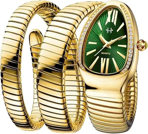 Serpentine Snake Watch For Woman with Spiral Bracelet, Roman Number Green Dial Watch For Woman With Quartz, Stylish Analog Waterproof Serpenti Watches Women, Luxury Metal Bezel Golden Watches For على Amazon.ae - متتبع الأسعار