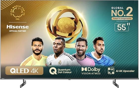 Hisense 55" 4K QLED Smart TV, Quantum Dot Colour, VIDAA Sysytem, Dolby Atmos®, Smooth Motion, AI Picture, Voice Control, Smart Home Ready, 2024 Model - متتبع أسعار Amazon.sa