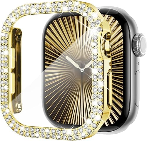 KADES Compatible with Apple Watch Series 11 10 42mm, Double Row Diamond Bling Case with Built-in Screen Protector (No Black Edge), Sparkling Rhinestone Protective Cover, Gold على Amazon.ae - متتبع الأسعار