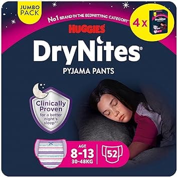 Huggies DryNites Pyjama Pants, 8-13 years, Bed Wetting Diaper, Girls, 30-48 kg, Jumbo Pack, 52 Pants on Amazon.ae - Price Tracker