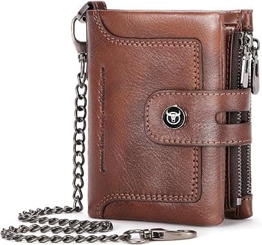 Bifold Wallet, Genuine Leather Bifold Wallet for Men with Chain, RFID Protection, Detachable Coin Purse, ID Window, Durable for Everyday Use (Brown) على Amazon.ae - متتبع الأسعار