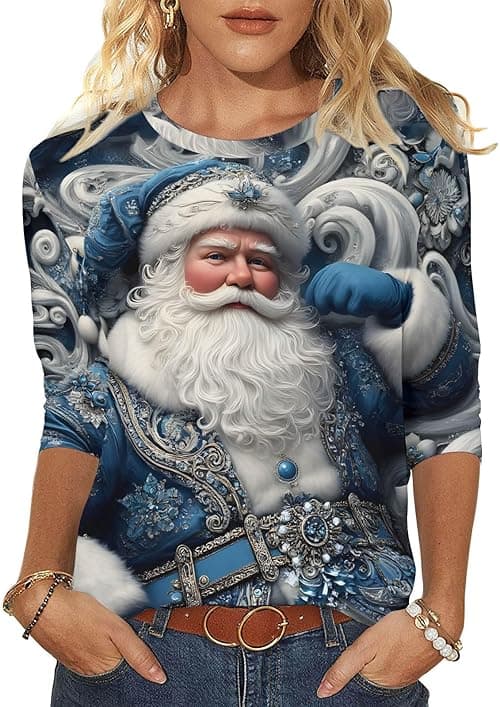Womens Christmas Tops Novelty Christmas Jumpers 3/4 Sleeve Round Neck Tops Santa Cruz Xmas Tree Snowflake Printed Blouses Casual T Shirts Tunic Shirt Xmas Holiday Top Pullover Blouse on Amazon.ae - Price Tracker