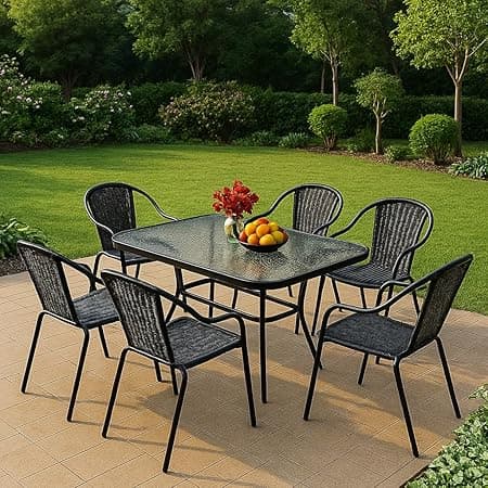 Vital Garden Dining Set Outdoor Furniture | 6 Rattan Chairs with Cushions + 1 Glass-Top Table | Patio Dining Table and Chairs | Anthracite Black Poly Rattan (Black, 7+1) on Amazon.ae - Price Tracker