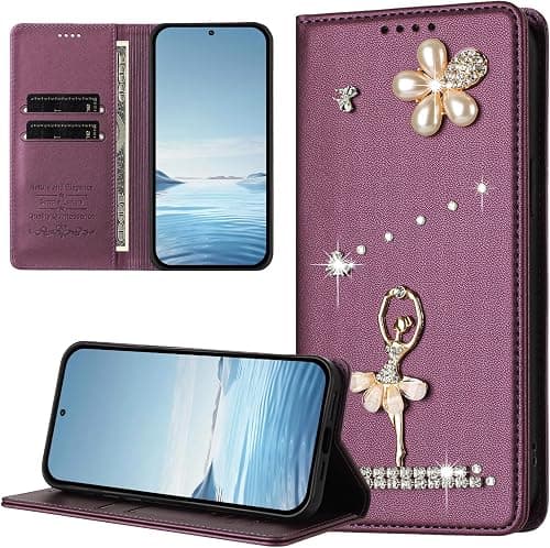 Wallet Case for Motorola Moto G67 5G / G77 5G,Glitter Pearl Flower Ballerina Flip Case Card Slots Stand RFID Blocking PU Leather Magnetic Protective Folio Phone Cover-DarkPurple on Amazon.ae - Price Tracker