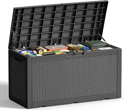 EFU Outdoor Storage Box 100 Gallon Deck Box Resin Outdoor Toy Storage With Lockable Lid, Hydraulic Struts, Rattan Style Package Delivery Boxes for Outside Patio Yard Garden (Black) - متتبع أسعار Amazon.sa