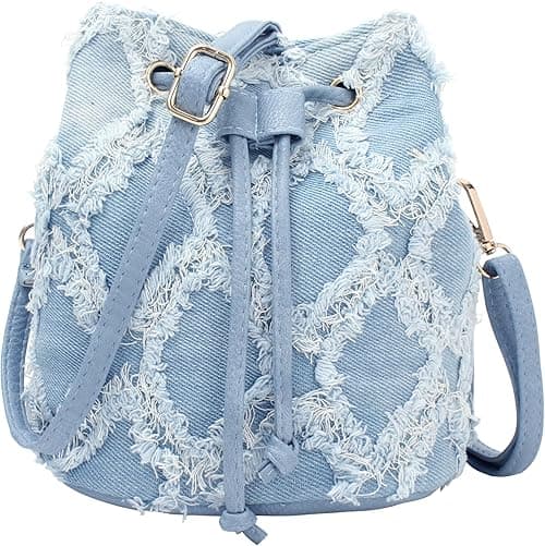 Women Denim Purse Handbag Jean Bucket Drawstring Crossbody Bag Quilted Distressed Tassel Hobo Shoulder Bag on Amazon.ae - Price Tracker
