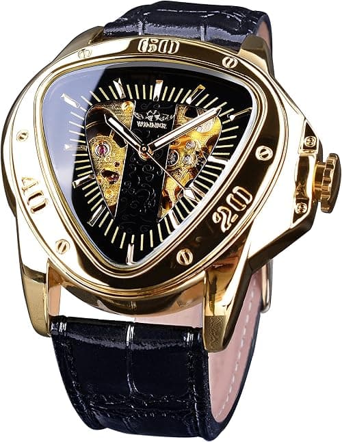 Winner Fashion Mechanical Wrist Watch Triangle Racing Dial, Waterproof Golden Skeleton Dial Automatic Movement Leather Design Mechanical Watch for Men on Amazon - Best Deal Finder