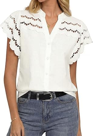 GRACE KARIN Womens Summer Eyelet Tops Dressy Casual,Ruffle Short Sleeve Button Down Shirts,V Neck Embroidered Cotton Blouses on Amazon.ae - Price Tracker