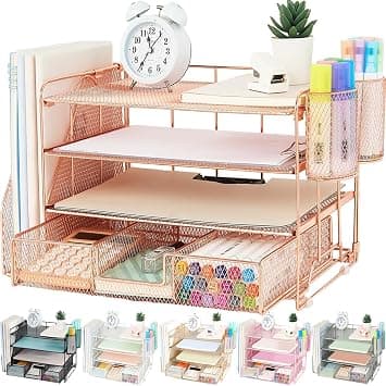Desk Paper Organizers and Accessories- 4-Tier Rose Gold Paper Letter Tray Organizer with File Holder,Drawer and 2 Pen Holders,Desk Accessories & Workspace Organizers for Office,School,Home on Amazon.ae - Price Tracker