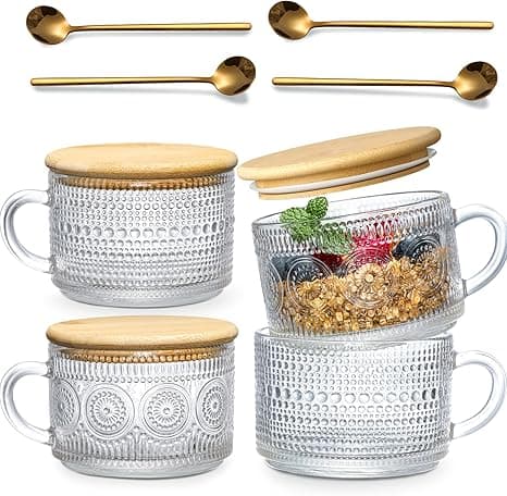 4pcs Set Vintage Coffee Mugs gifts for women, Overnight Oats Containers with Bamboo Lids and Spoons - 14oz Clear Embossed Glass Cups, Cute Coffee Bar Accessories, Iced Coffee Glasses on Amazon.ae - Price Tracker