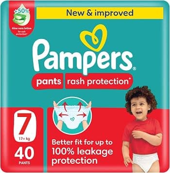 Pampers Rash Protection, Size 7, 17+ kg, Jumbo Pack, 40 Diaper Pants - متتبع أسعار Amazon.sa
