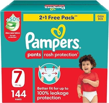 Pampers Rash Protection Pants Diapers, Size 7, 17+kg, +50% Aloe Vera Lotion, 360° Leak-Free Fit for up to 100% Leakage Protection, Giga Box, 144 Count on Amazon.ae - Price Tracker