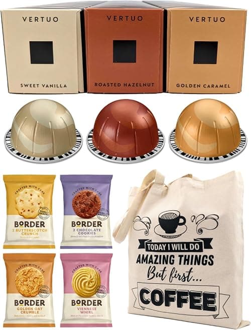 Coffee Pod Variety Pack for Nespresso Vertuo Machine - Sweet Vanilla, Roasted Hazelnut, Golden Caramel - 3 Boxes (30 Pods) Bundled with Border Biscuits and Reusable Tote Bag on Amazon.ae - Price Tracker