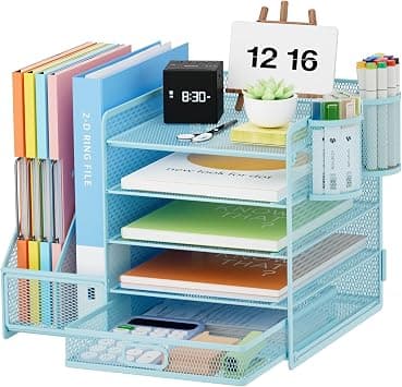 Marbrasse Desk Organizer with File Holder, 5-Tier Paper Letter Tray Organizer with Drawer and 2 Pen Holder, Mesh Desktop Organizer and Storage with Magazine Holder for Office Supplies(Blue) على Amazon.ae - متتبع الأسعار