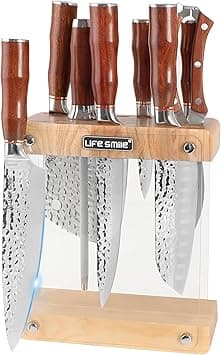 LIFE SMILE Kitchen Knife Set With Transparent Stand - 9 Pieces High Carbon Stainless Steel Block Set with Sharpener - Ergonomic Anti Slip fixed Handle, Ultra Sharp Non Stick Blade - Kitchen Knives on Amazon.ae - Price Tracker