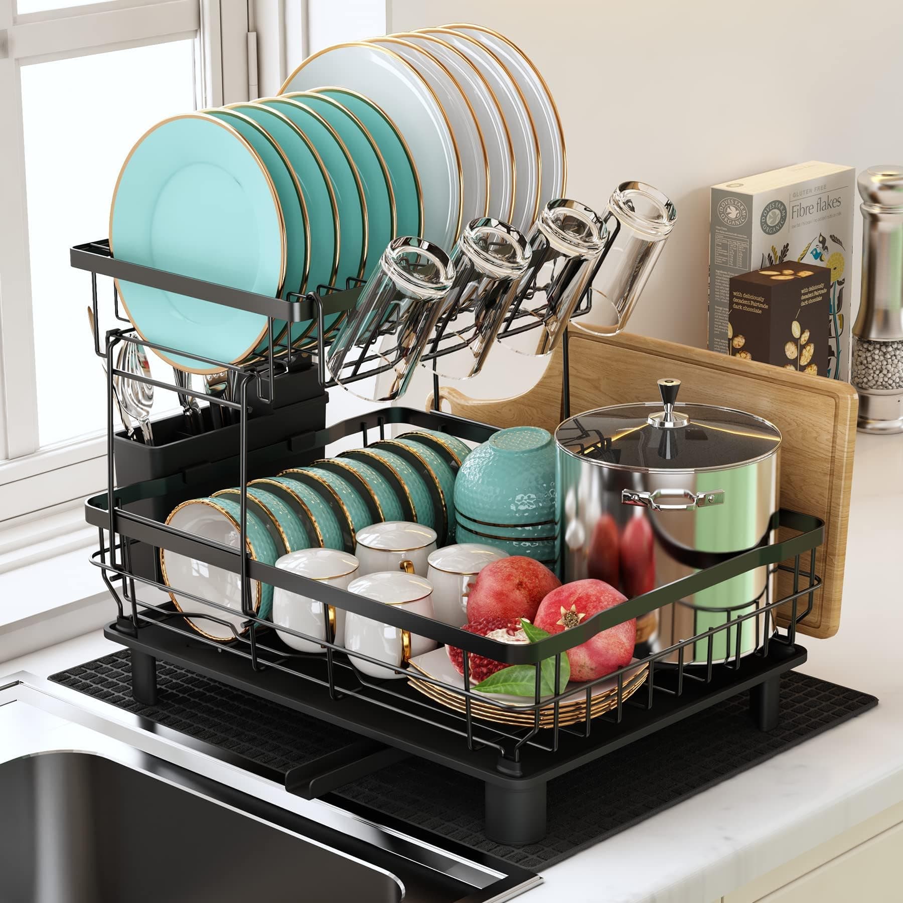 MAJALiS Dish Drainer Rack, 2 Tier Dish Drainer with Drip Tray and Drainer Mat, Stainless Steel Dish Rack with Utensil Holder, Swivel Spout, Draining Board for Kitchen Counter, Black on Amazon.ae - Price Tracker