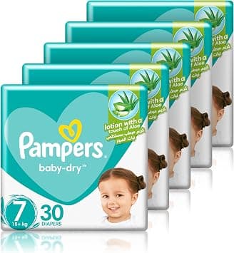 Pampers Baby-Dry Taped Diapers with Aloe Vera Lotion, up to 100% Leakage Protection, Size 7, 15+kg, 150 Count on Amazon.ae - Price Tracker