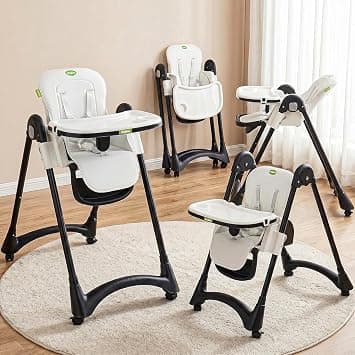 BAYBEE High Chair for Baby 6 to 18 Months | Adjustable Baby Feeding Chair with Reclining Backrest, Foldable Design, Double Tray, Footrest, Safety Harness & Wheels (White) on Amazon.ae - Price Tracker