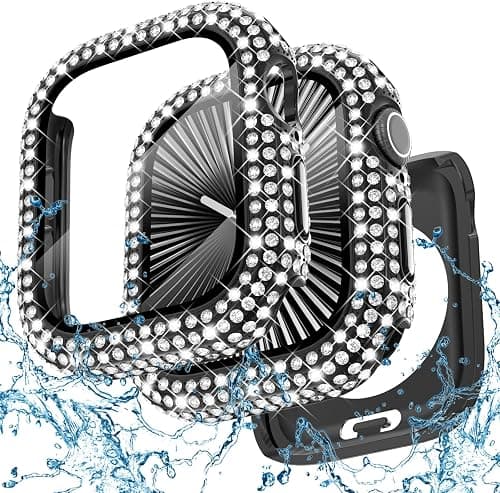 WINGLE 2-in-1 Waterproof Case for Apple Watch Series 11 10 42mm Screen Protector Case, Full Bling Diamond Protective Face Cover Apple Watch 11 10 42 mm Crystal Rhinestone Bumper iWatch Women, Black على Amazon.ae - متتبع الأسعار