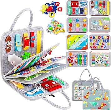 AMERTEER Montessori Busy Board For Toddlers - 8-in-1 Sensory Activity Board Toy For 1-4 Year - Educational Travel Toy With Zippers, Buttons, Shapes, Alphabet, Clock - Quiet Book For Plane, Home (Gray) on Amazon.ae - Price Tracker