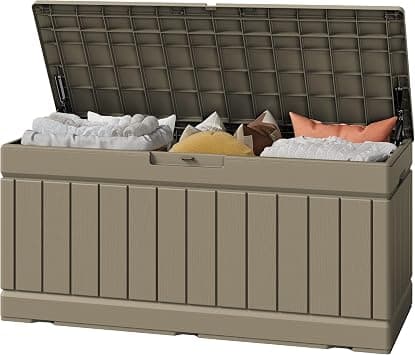 Greesum 82 Gallon Resin Deck Box Large Outdoor Storage for Patio Furniture, Garden Tools, Pool Supplies, Weatherproof and UV Resistant, Lockable, Coffee - متتبع أسعار Amazon.sa