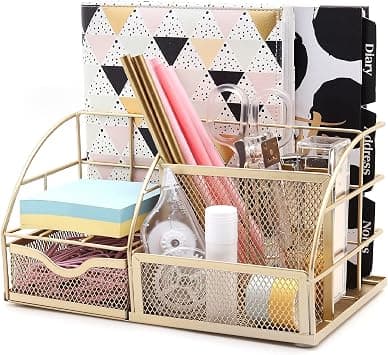 Exerz Desk Organiser/Mesh Desk Tidy Caddy/Pen Holder/Multifunctional Organiser With 7 Compartments (Golden) on Amazon.ae - Price Tracker
