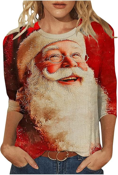 Christmas T-Shirts Women Ugly Xmas Jumper Plus Size 3/4 Sleeve Tops Round Neck Blouses Funny Graphic Reindeer Santa Xmas Jumper Cute Christmas Casual Tunic Top Oversized Gym T Shirts on Amazon.ae - Price Tracker