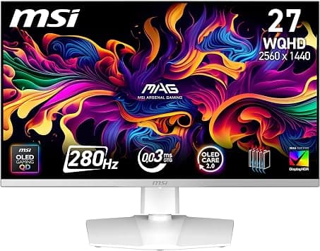 MSI MAG 272QPW QD-OLED X28 27" WQHD, Gaming Monitor, OLED Panel Quantum Dot 2560 x 1440, 280 Hz, 0.03 ms, DisplayHDR True Black 400, HDMI 2.1, DP 1.4a, USB C (15 WPD), White على Amazon.ae - متتبع الأسعار