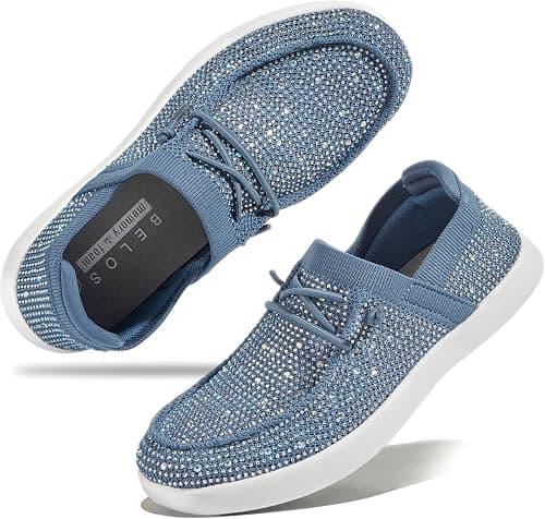 BELOS Women's Rhinestone Lace Up Loafers Shoes Comfortable Slip On Mesh Knit Walking Shoes Fashion Lightweight Sparkly Glitter Sneaker على Amazon.ae - متتبع الأسعار