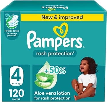 Pampers Rash Protection, Size 4, 9-14 kg, Taped Diapers, Giant Box, 120 Diapers - متتبع أسعار Amazon.sa