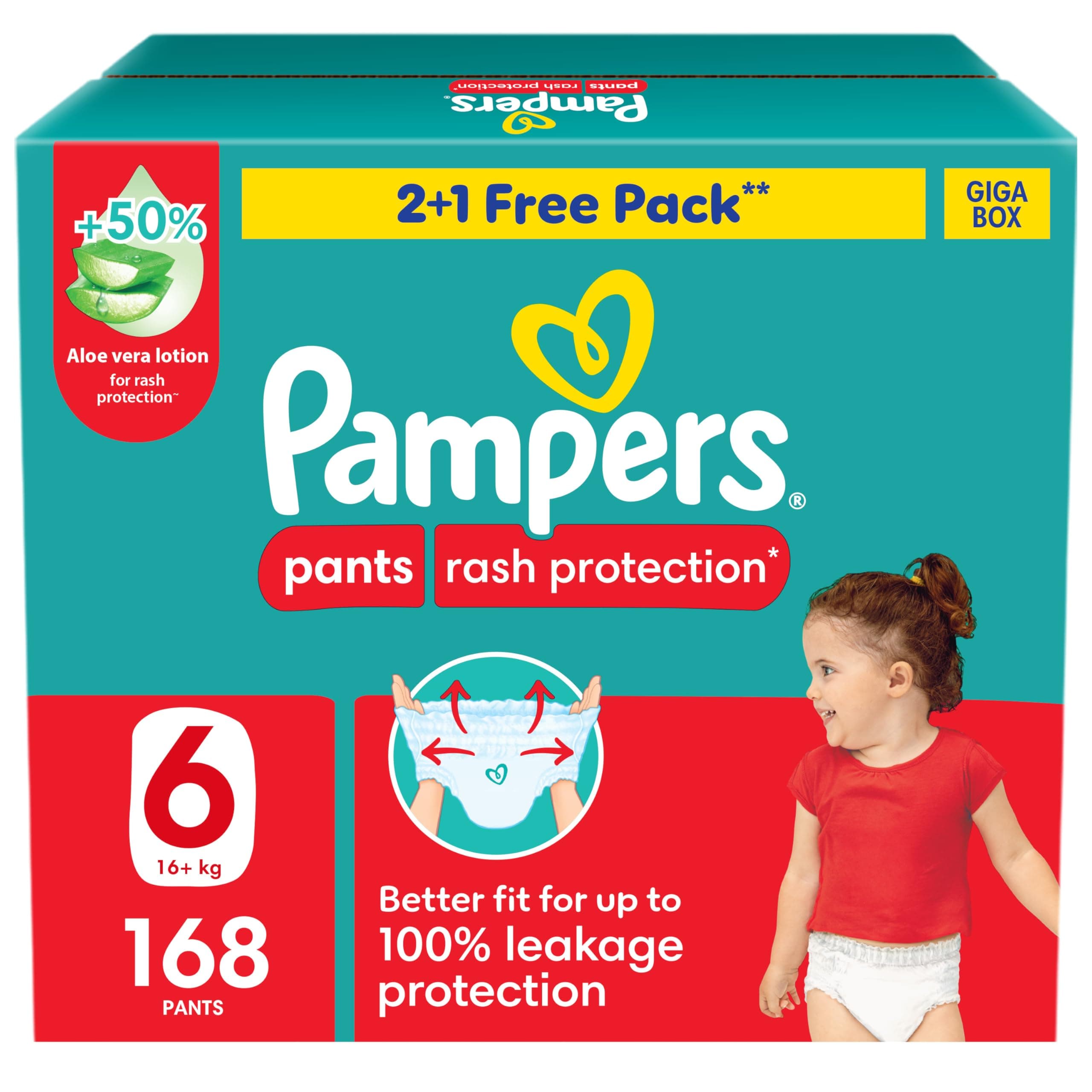 Pampers Rash Protection Pants Diapers, Size 6, 16+kg, +50% Aloe Vera Lotion, 360° Leak-Free Fit for up to 100% Leakage Protection, Giga Box, 168 Count on Amazon.ae - Price Tracker
