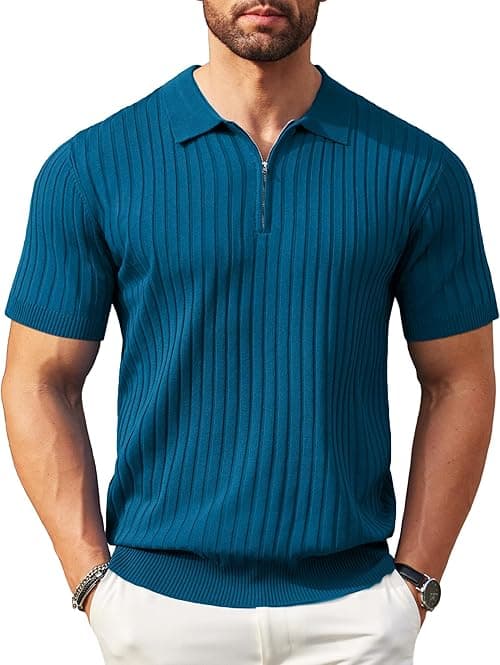 COOFANDY Men's Zipper Polo Shirts Short Sleeve Ribbed Knit Polo T Shirts Fashion Casual Golf Shirts on Amazon.ae - Price Tracker