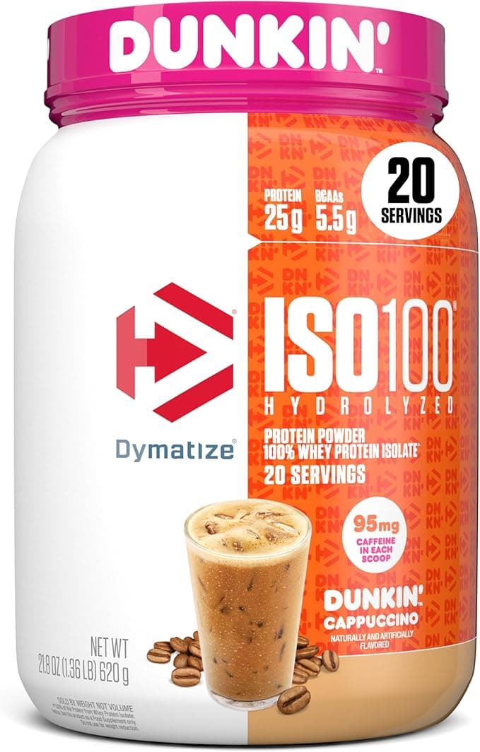 Dymatize x Dunkin' Cappuccino ISO100 Whey Protein Powder, 95mg Caffeine, 25g of Protein, 20 Servings, 5.5g BCAAs, 120 Cal., Gluten Free, 1g Fat, 1g Sugar, 2g Carb on Amazon.ae - Price Tracker