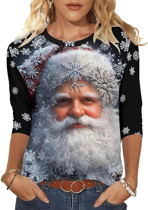Christmas Jumper Women UK Funny Christmas Tee Shirts Ladies Round Neck 3/4 Sleeve T Shirt Xmas Tree Santa Cruz Print Blouse Pullover Novelty Xmas Tops Dressy Shirts Holiday Blouse on Amazon.ae - Price Tracker