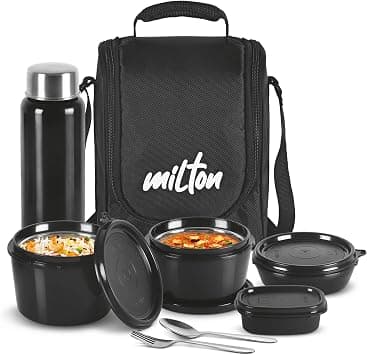 Milton Pro Lunch Box Tiffin Set – 3 Steel Containers (180 ml, 320 ml, 450 ml), Plastic Pickle Box (100 ml), 750 ml Bottle with Insulated Bag, Leak-Proof, Microwave & Dishwasher Safe – Black على Amazon.ae - متتبع الأسعار