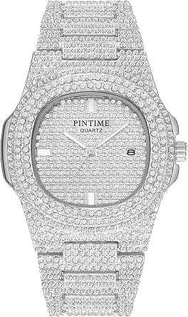 PINTIME Luxury Mens/Womens Unisex Diamond Watch Bling Iced-Out Watch Oblong Wristwatch Crystal Quartz Watch on Amazon.ae - Price Tracker