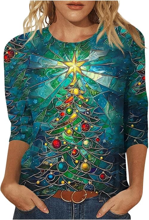 Christmas T Shirts Women Ugly Christmas Jumper Ladies Round Neck 3/4 Sleeve T Shirt Xmas Tree Snowflake Santa Printed Tops T-Shirt Tunic Jumpers Dressy Tunic Top Going Out Blouse on Amazon.ae - Price Tracker