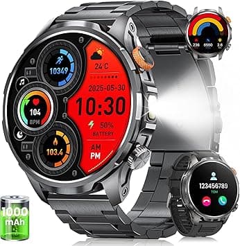Men's Military Smartwatch 1.91 Inch AMOLED Fitness Smartwatch with 1000 mAH/5 ATM Battery Waterproof/LED Flashlight/110+ Sports Modes/SpO2/Pulsometer/Sleep, Men's Watch for Android iOS, Black on Amazon.ae - Price Tracker