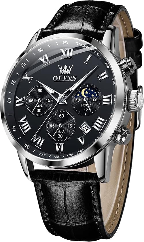 OLEVS Mens Watches Leather Chronograph Luxury Fashion Dress Analog Quartz Wrist Watch Luminous Waterproof Moon Phase Date on Amazon.ae - Price Tracker