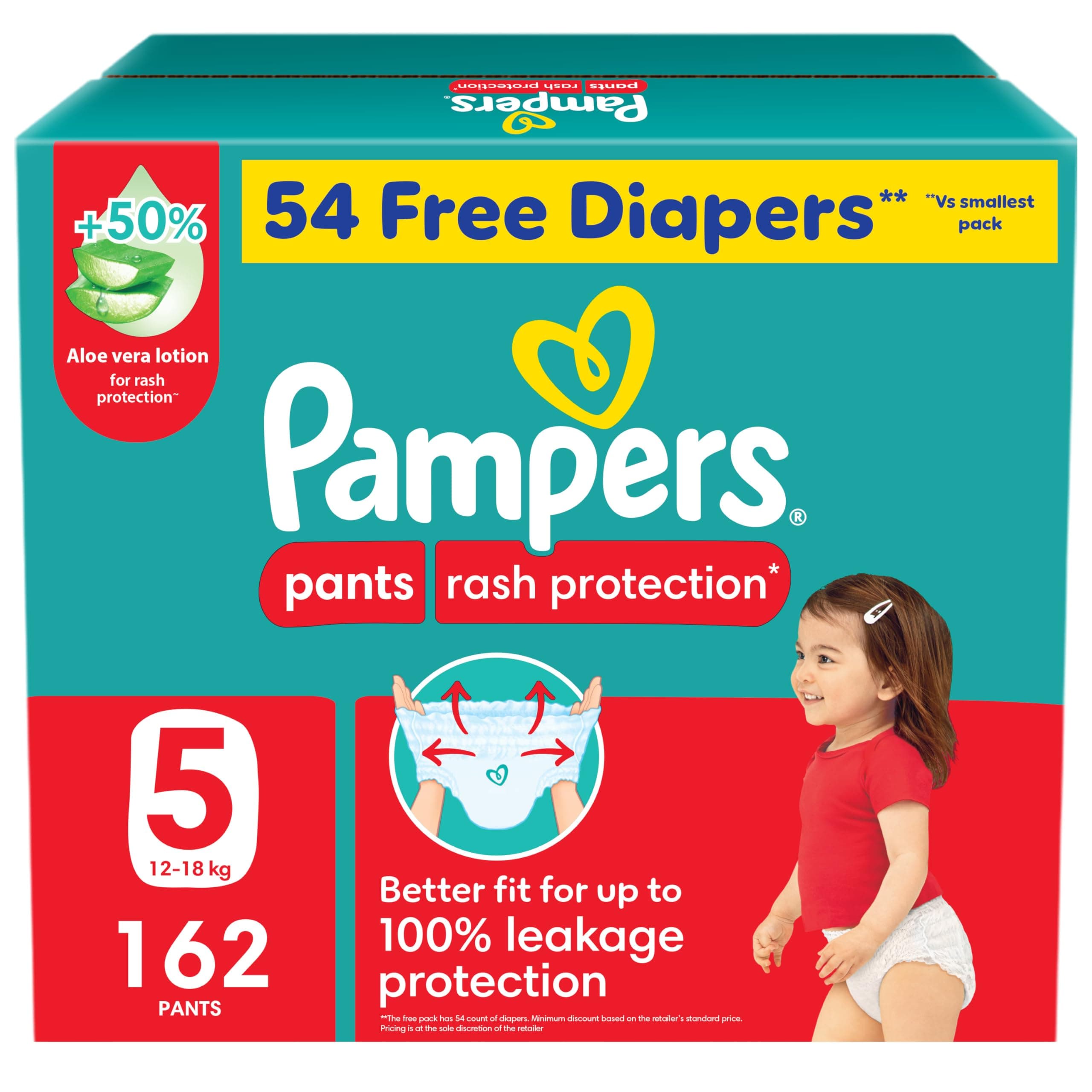 Pampers Rash Protection Pants Diapers, Size 5, 12-18kg, +50% Aloe Vera Lotion, 360° Leak-Free Fit for up to 100% Leakage Protection, Super Saver Box, 54 Free Diapers, 162 Count on Amazon.ae - Price Tracker