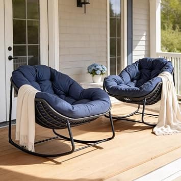 2PCS Patio Rocking Chair with Padded Cushion Indoor Outdoor Comfy Papasan Rocker Chair with Upgraded Steel Frame Oversized Rattan Egg-Shaped Lounge Chair for Front Porch, Garden, Bedroom,Dark Blue on Amazon.ae - Price Tracker