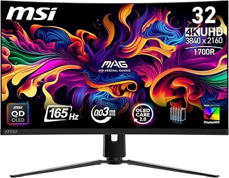 MSI MAG 321CUPDE QD-OLED Gaming Screen, Curved, UHD, 32 Inches, 1700R, 3840 x 2160 Quantum Dot OLED, 165 Hz/0.03 ms, 99% DCI-P3, DoubleE≤2, DisplayHDR True Black 400, DP 1.4a, HDMI 2.1, USB on Amazon.ae - Price Tracker