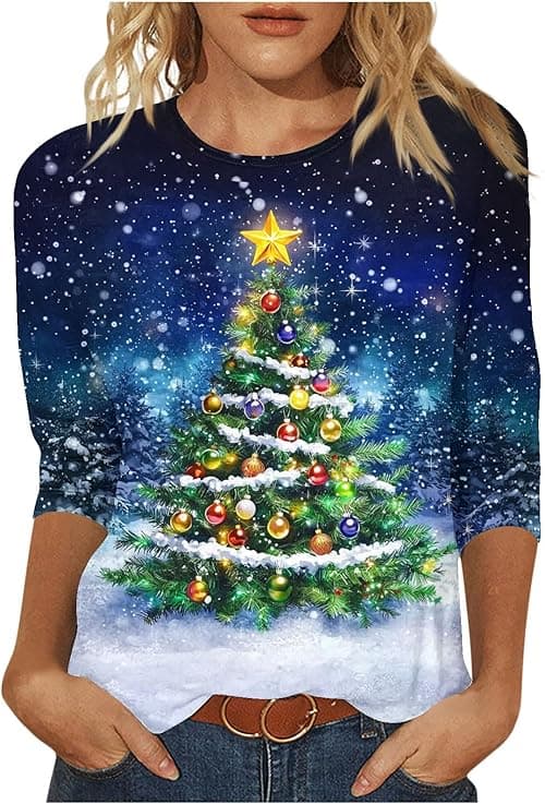 Christmas T Shirts Women Ugly Christmas Jumper Ladies Round Neck 3/4 Sleeve T Shirt Xmas Tree Snowflake Santa Printed Tops T-Shirt Tunic Jumpers Dressy Tunic Top Going Out Blouse on Amazon.ae - Price Tracker